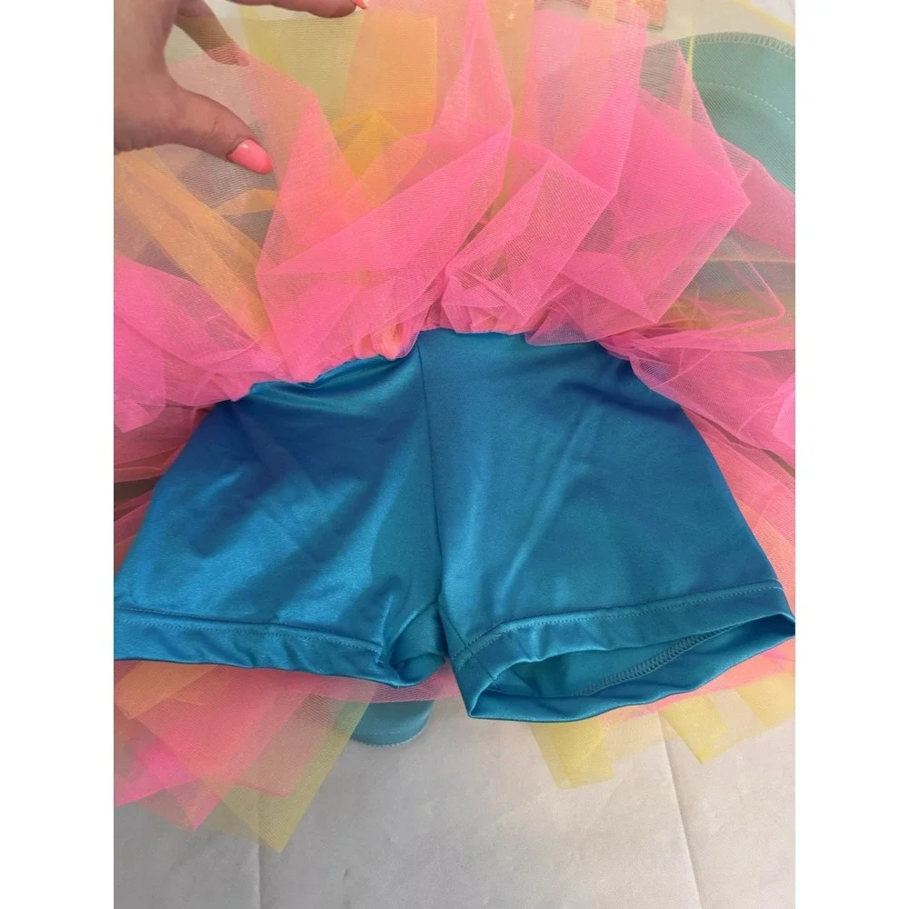 Weissman Turquoise Rainbow Sequin Dance Costume Style 64830 with 2 Hair Bows‎